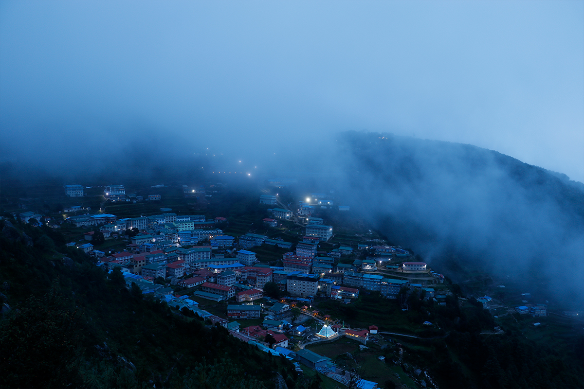 namche bazaar covered in fog during october